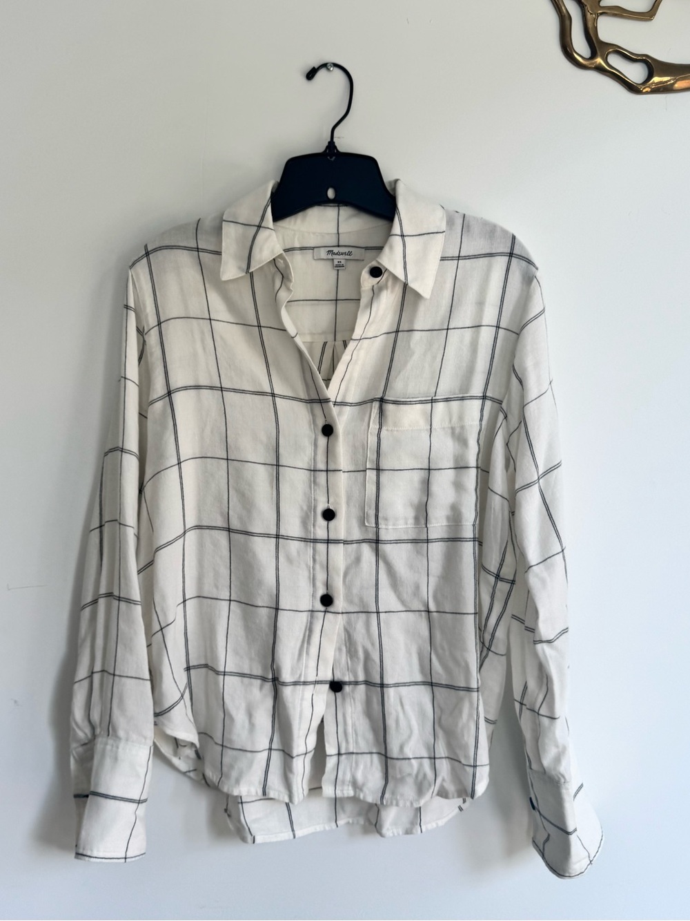 Madewell cream/white and black windowpane button down shirt